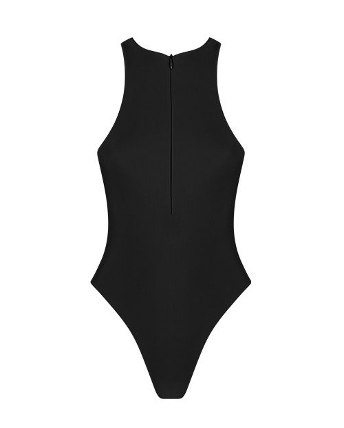 black zip front swimsuit